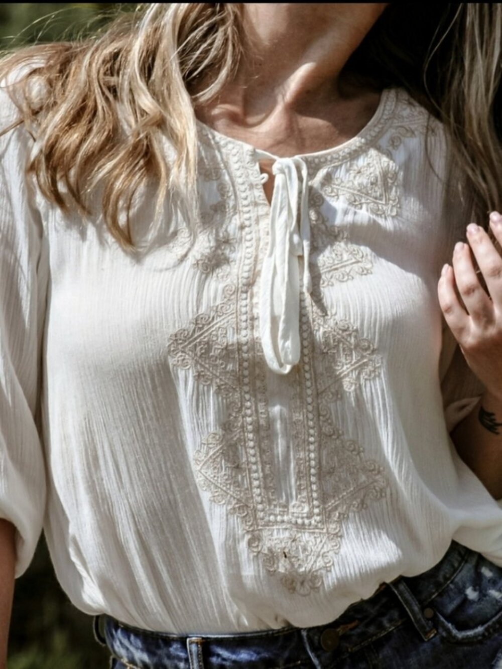 SALE Andree tie and button detail embroidered peasant top cream